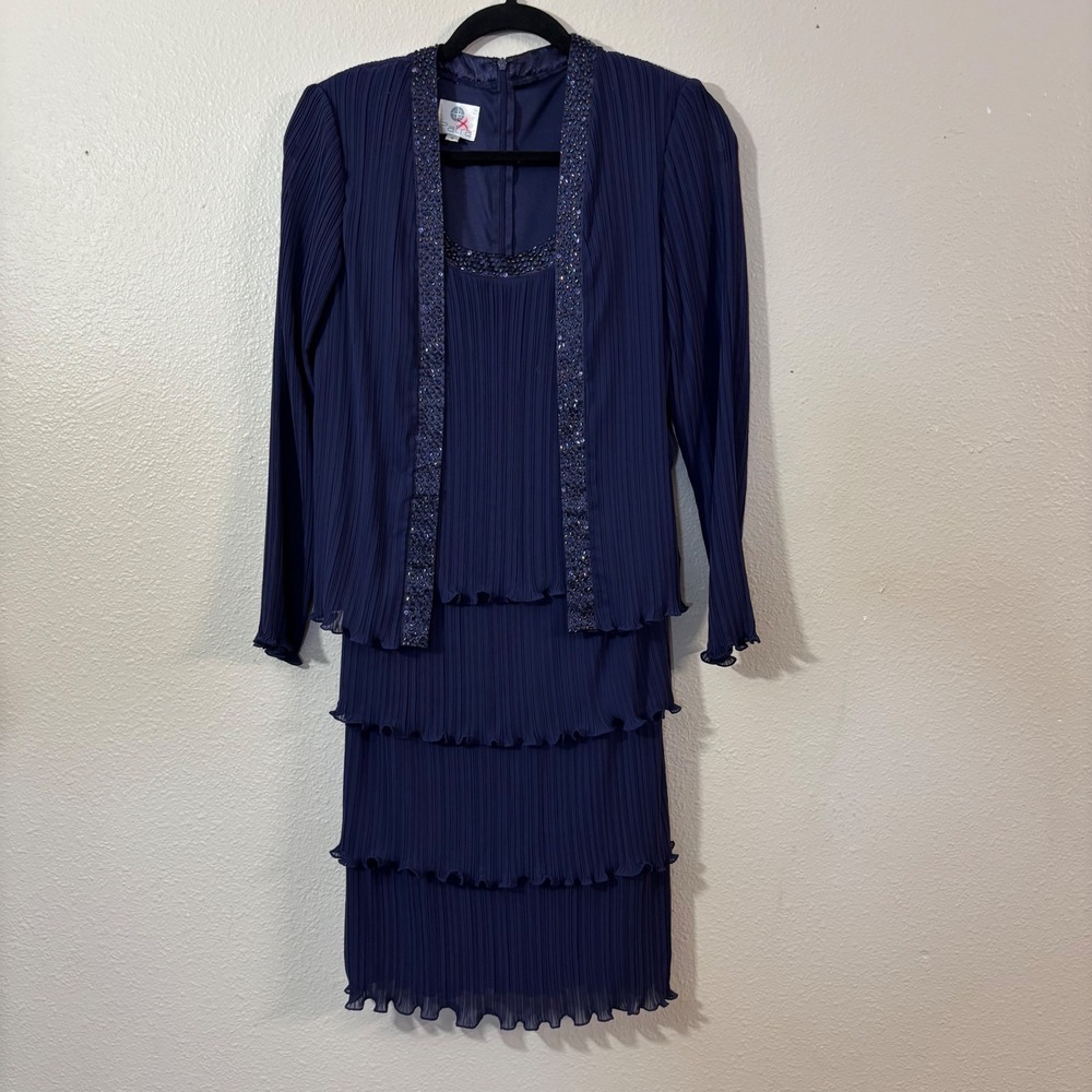 Patra Navy Blue Pleated Beaded Dress and Jacket One Piece Women's 6 Formal